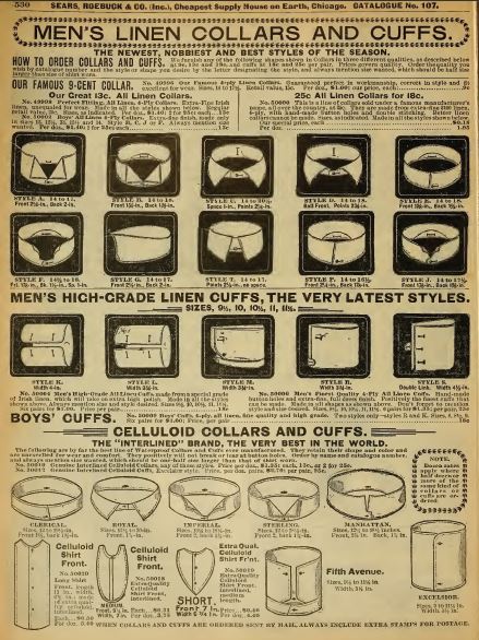 Kristin Holt | Victorian Collars and Cuffs (for men). Men's and Boy's Collars and Cuffs for sale in Sears Roebuck & Co. Catalog No. 107, 1898.