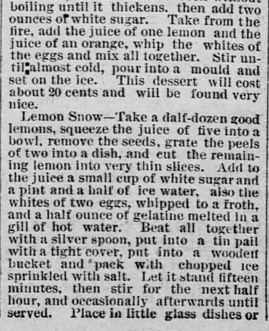 Kristin Holt | Cool Desserts for a Victorian Summer Evening. Cheap Cool Desserts, published in the Saint Paul Globe of Saint Paul, Minnesota on June 24, 1888. (Part 2 of 3)