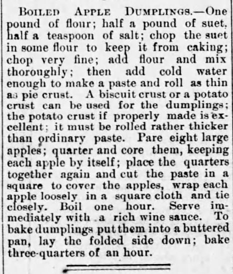Kristin Holt | Victorian Apple Dumplings: Boiled Apple Dumplings recipe, published in The clarion Ledger of Jackson, Mississippi on October 22, 1884.