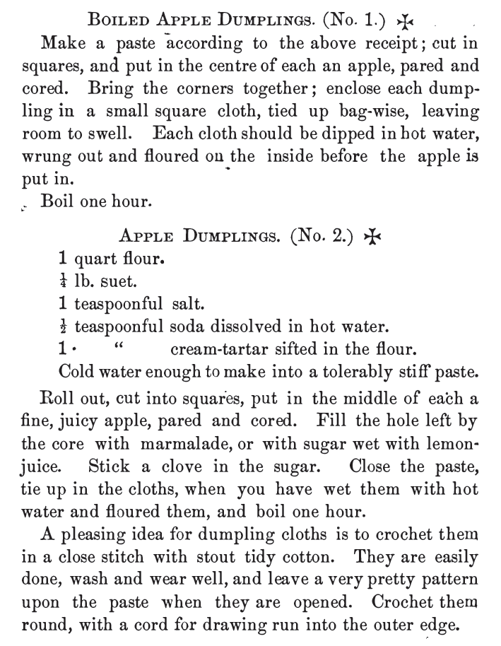 Kristin Holt | Victorian Apple Dumplings: Boiled Apple Dumplings (No. 1 and No. 2), published in Common Sense in the Household, 1884.