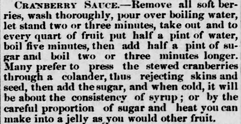 Kristin Holt | Victorian America's Thanksgiving Recipes - Cranberry Sauce. Brown County World of Hiawatha, Kansas. November 30, 1882.
