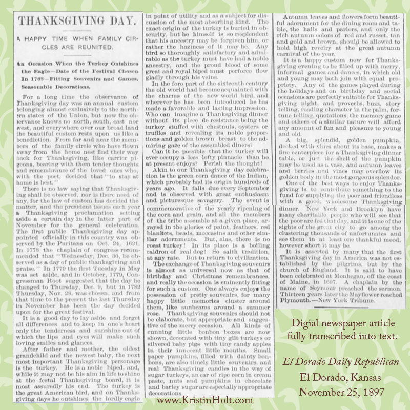 Kristin Holt | A Victorian-American Thanksgiving Day, 1897. Styled image containing the original newspaper clipping.