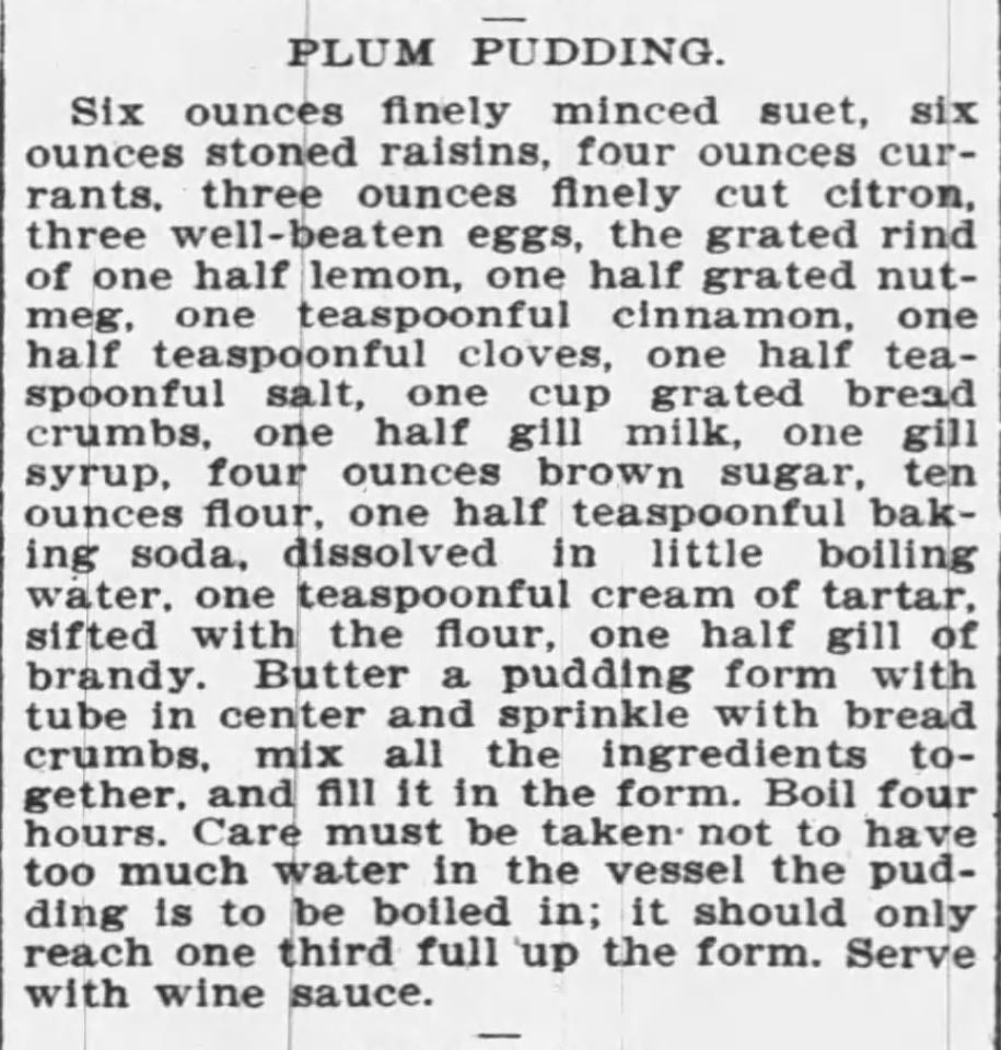 Kristin Holt | Victorian America's Thanksgiving Recipes - Plum Pudding. The Buffalo Enquirer of Buffalo, NY. December 21, 1900.