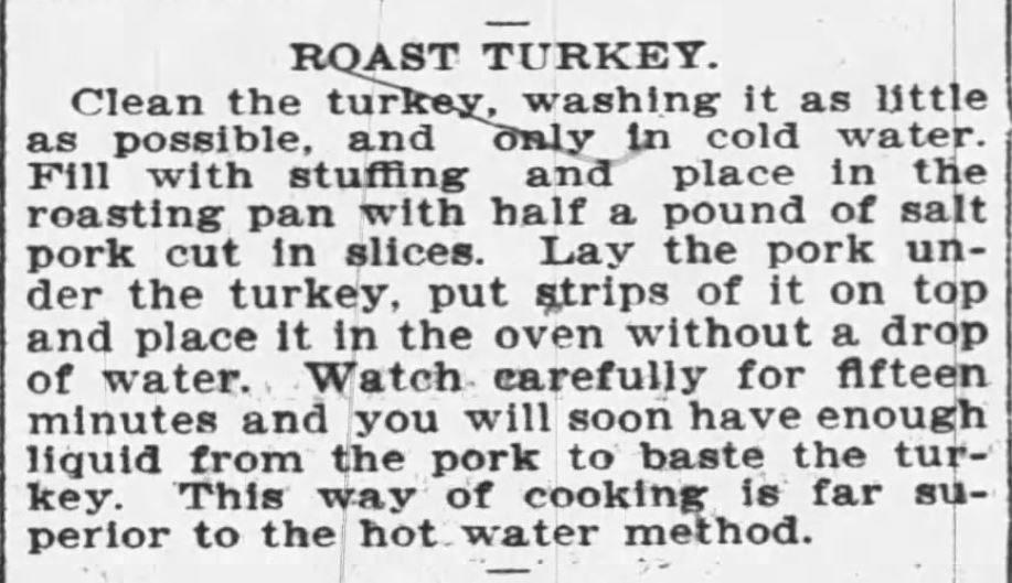 Kristin Holt | Victorian America's Thanksgiving Recipes - Roast Turkey Recipe for Thanksgiving, vintage newspaper clipping from The Buffalo Enquirer of Buffalo, NY on Dec 21, 1900.