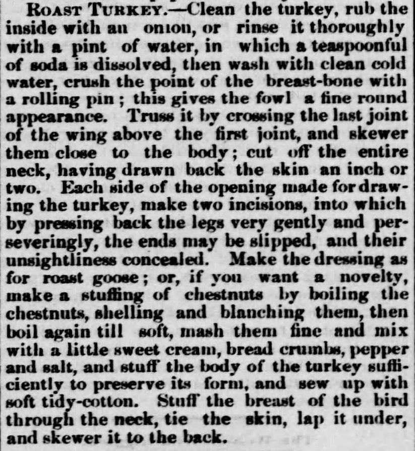Kristin Holt | Victorian America's Thanksgiving Recipes -Thanksgiving Recipe Roast Turkey. Published in Brown County World of Hiawatha, Kansas on November 30, 1882.