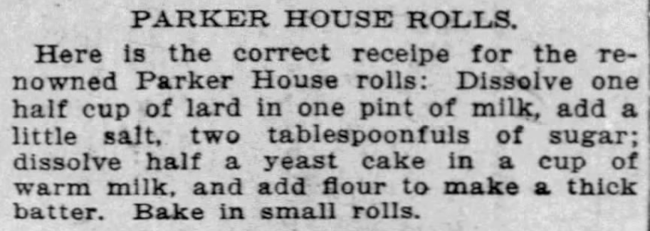 Kristin Holt | Victorian America's Thanksgiving Recipes - Parker House Rolls. The Buffalo Enquirer of Buffalo, New York on November 14, 1894.