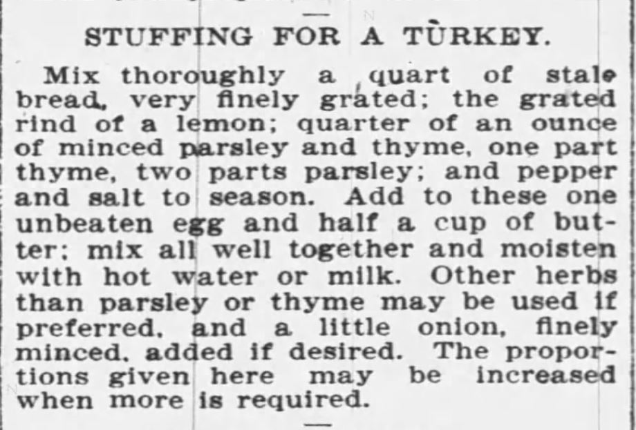 Kristin Holt | Victorian America's Thanksgiving Recipes - Stuffing for Turkey. The Buffalo Enquirer of Buffalo, NY. December 21, 1900.