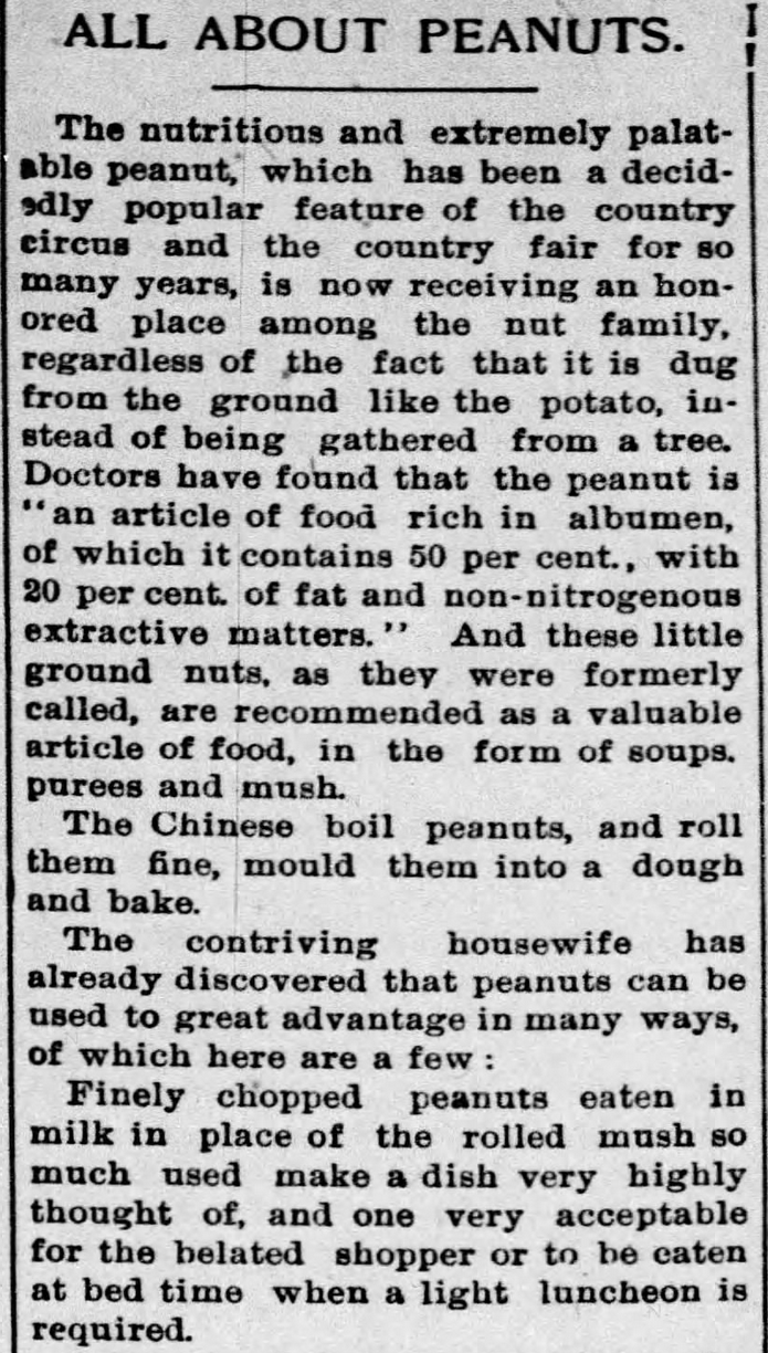 Kristin Holt | Peanut Butter in Victorian America. Newspaper Article: All about Peanuts, Part 1 of 8, published in The Ozark County News of Gainesville, Missouri on February 11, 1897.