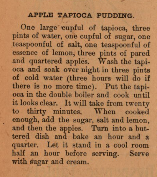 Kristin Holt | Victorian Homemakers Present Tapioca Pudding. Recipe for Apple Tapioca Pudding from Dr. Sloan's Cook Book and Advice to Housekeepers, 1905.