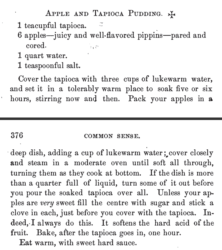 Kristin Holt | Victorian Homemakers Present Tapioca Pudding. Apple and Tapioca Pudding recipe from Common Sense in the Household, 1884.