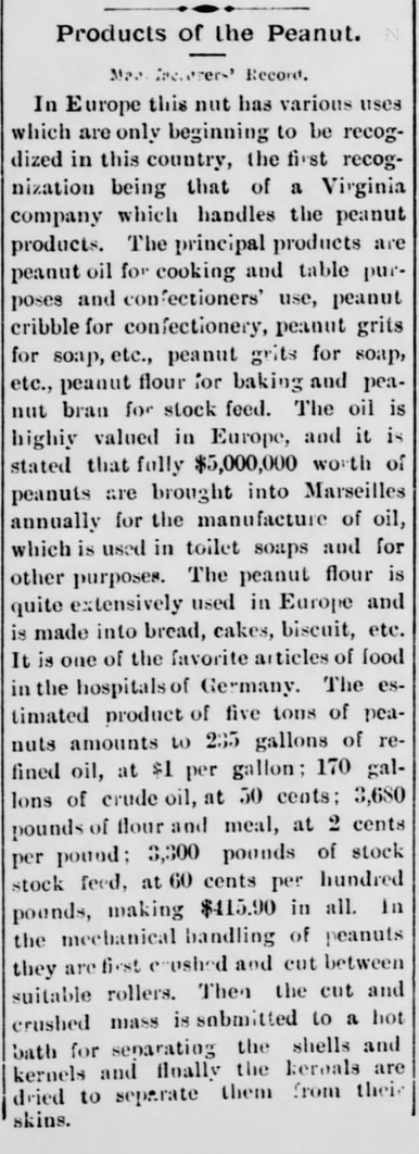 Kristin Holt | Peanut Butter in Victorian America. Products of the Peanut. Newspaper article from The Washington Standard of Olympia, Washington. November 11, 1898.