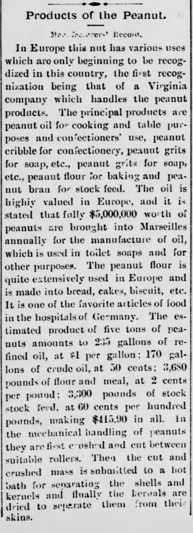 Kristin Holt | Peanut Butter in Victorian America. Products of the Peanut. Newspaper article from The Washington Standard of Olympia, Washington. November 11, 1898. Kristin Holt | Peanut Butter in Victorian America. Products of the Peanut. Newspaper article from The Washington Standard of Olympia, Washington. November 11, 1898.