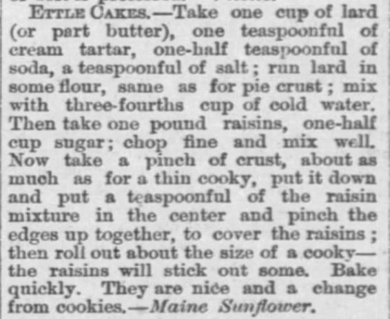 Kristin Holt | Ettel Cakes (fancy cookies made with raisins), The Peabody Gazette-Herald of Peabody, Kansas on May 18, 1882.