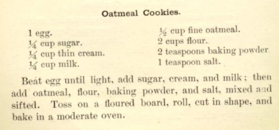 Kristin Holt | Victorian Oatmeal Cookies. Fannie Merritt Farmer's Oatmeal Cookie Recipe. The Boston Cooking-School Cook Book, 1st edition, 1896.