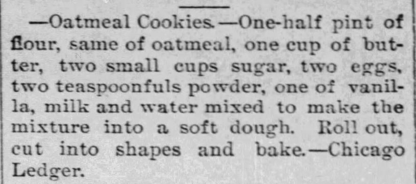 Kristin Holt | Victorian Oatmeal Cookies (with vanilla). Published in The News-Courant of Cottonwood Falls, Kansas on February 16, 1893.