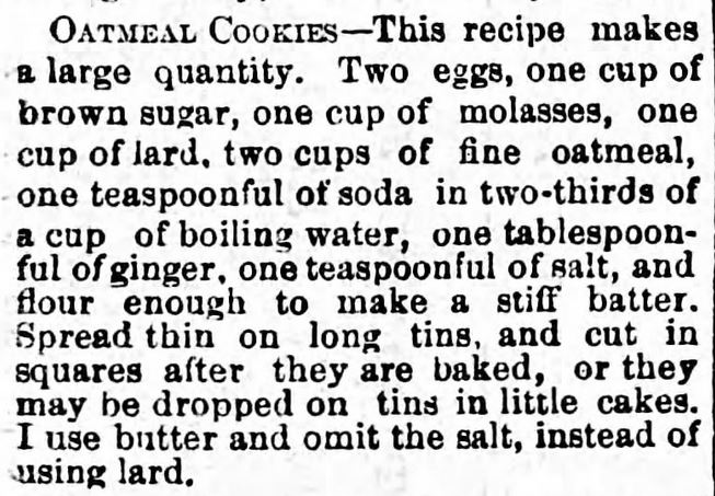 Kristin Holt | Oatmeal Cookies recipe published in Jamestown Weekly Alert of Jameston, ND on February 15, 1884.