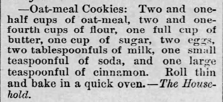 Kristin Holt | Oatmeal Cookies (with cinnamon), published in LeRoy Re[orter of LeRoy, Kansas on June 26, 1886.