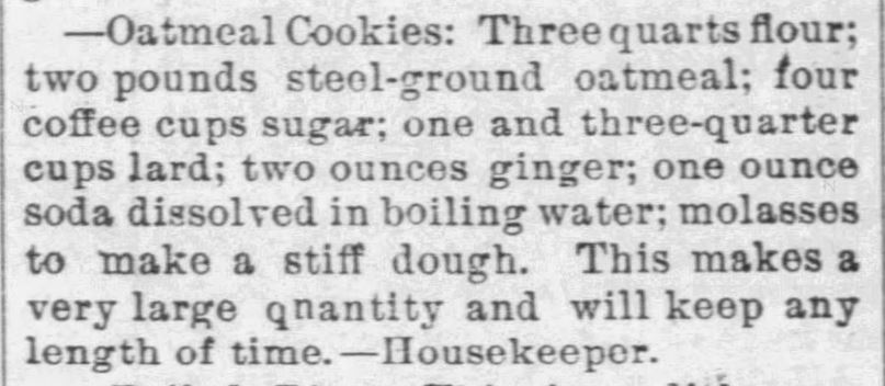 Kristin Holt | Victorian Oatmeal Cookies (with molasses and ginger), published in The Paola Times of Paola, Kansas on August 21, 1890.