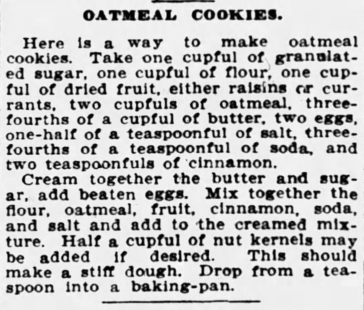 Kristin Holt | Victorian Oatmeal Raisin Cookies. Oatmeal Cookies (with raisins!), published in Buffalo Courier of Buffalo, New York on December 30, 1904.