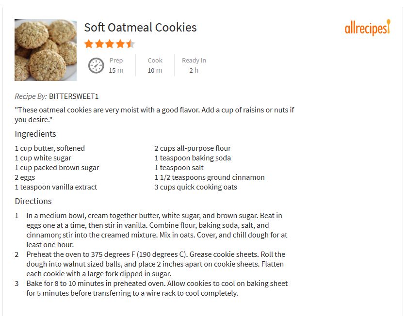 Kristin Holt | Victorian Oatmeal Cookies. This image shows a Soft Oatmeal Cookies recipe from allrecipes.com with 4.5 stars overall.