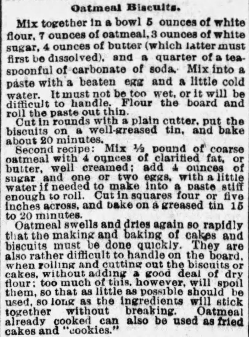 Kristin Holt | Oatmeal Biscuits Recipes (x2) published in The Boston Globe of Boston, Massachusetts on January 22, 1893.