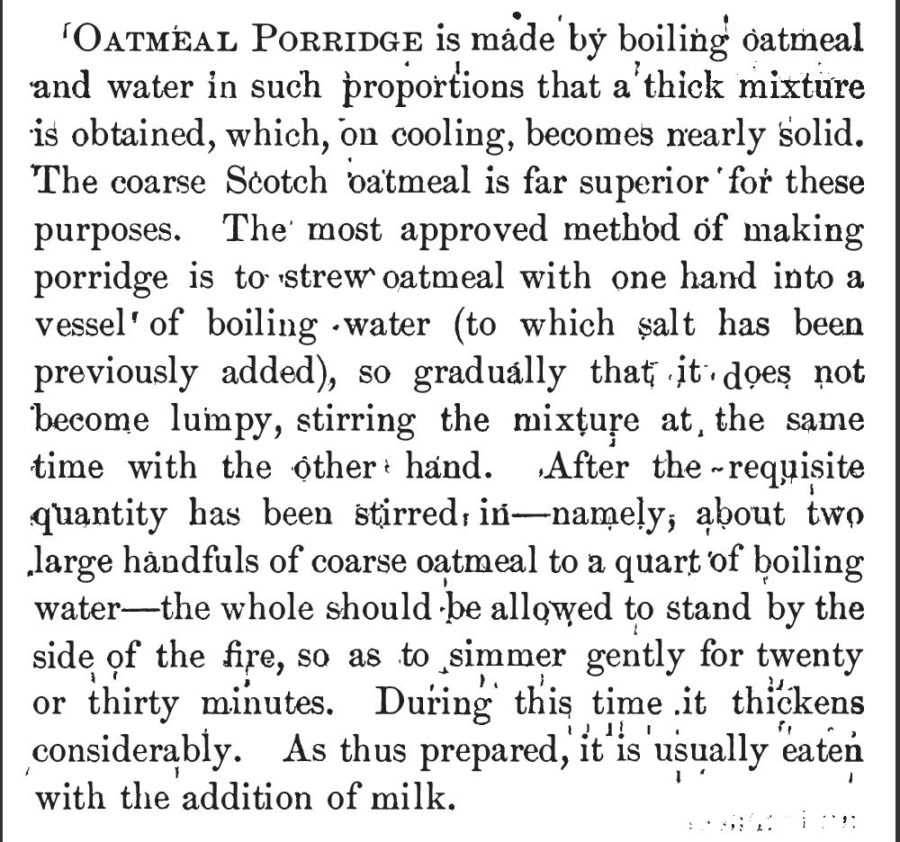 Oatmeal Porridge for Invalids, published in <em>Our New Cook Book and Household Receipts</em>, <strong>1883</strong>.