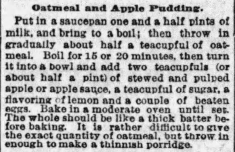 Kristin Holt | Oatmeal and Apple Pudding Recipe published in The Boston Globe on January 22, 1893.