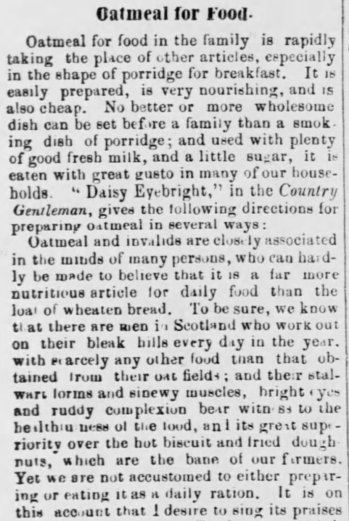 Kristin Holt | "Oatmeal for Food (1873)" published in <em>Green Mountain Freeman</em> of Montpelier, VT on May 21, 1873. Included in an article of the same name by Author Kristin Holt.