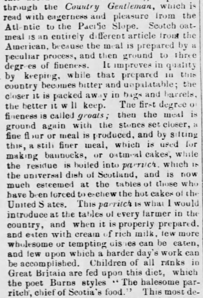 Kristin Holt | "Oatmeal for Food (1873)" published in <em>Green Mountain Freeman</em> of Montpelier, VT on May 21, 1873. Included in an article of the same name by Author Kristin Holt. Part 2 of 7.