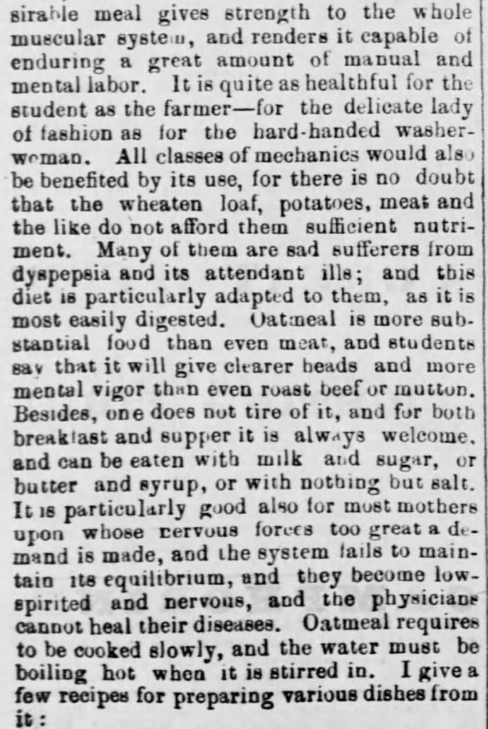 "Oatmeal for Food (1873)" published in <em>Green Mountain Freeman</em> of Montpelier, VT on May 21, 1873. Included in an article of the same name by Author Kristin Holt. Part 3 of 7.