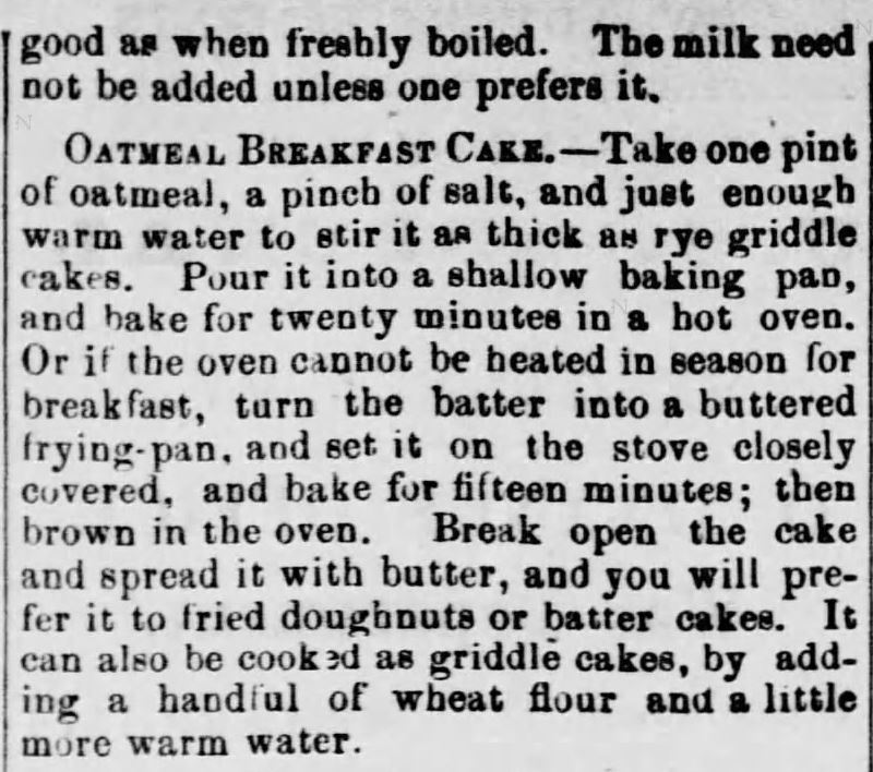 "Oatmeal for Food (1873)" published in <em>Green Mountain Freeman</em> of Montpelier, VT on May 21, 1873. Included in an article of the same name by Author Kristin Holt. Part 5 of 7.