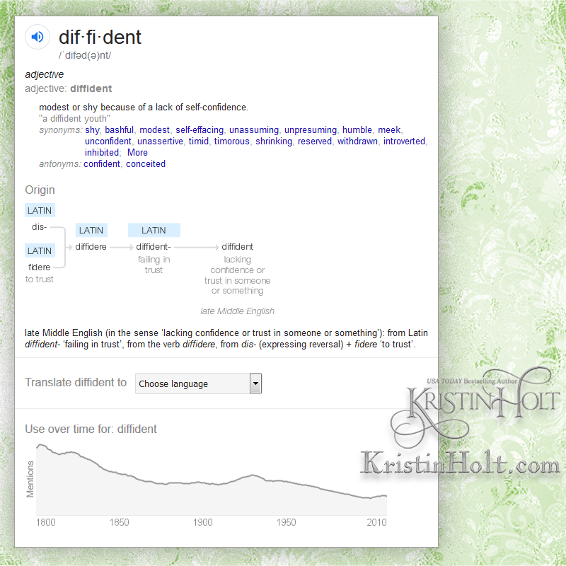 Kristin Holt | Define: Diffident, courtesy of google; a word used within The Art of Courtship