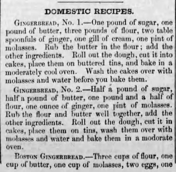 Kristin Holt | Three Victorian Gingerbread Recipes, including "Boston Gingerbread". Published in New England Farmer of Boston, Massachusetts. September 18, 1852. (Part 1 of 2)