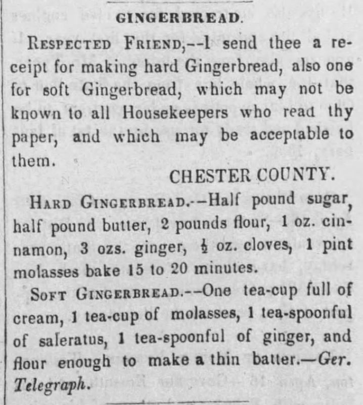 Kristin Holt | Hard and Soft Victorian Gingerbread Recipes. From The Sunbury Gazette and Northumberland County Republican. Sunbury, Pennsylvania. April 24, 1852.
