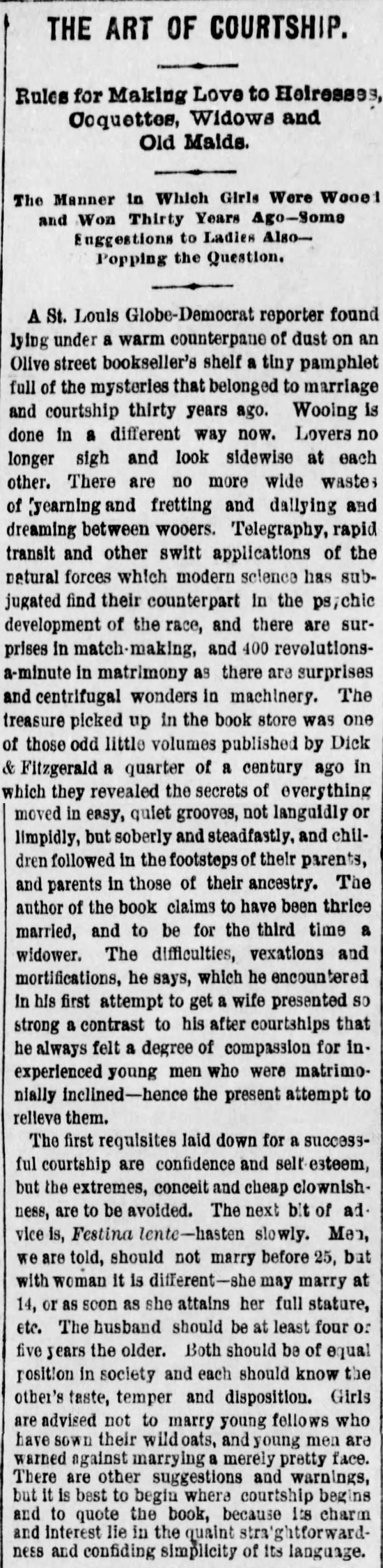 Kristin Holt | The Art of Courtship, Introduction, from The Des Moines Register of Des Moines, IA on February 20, 1887
