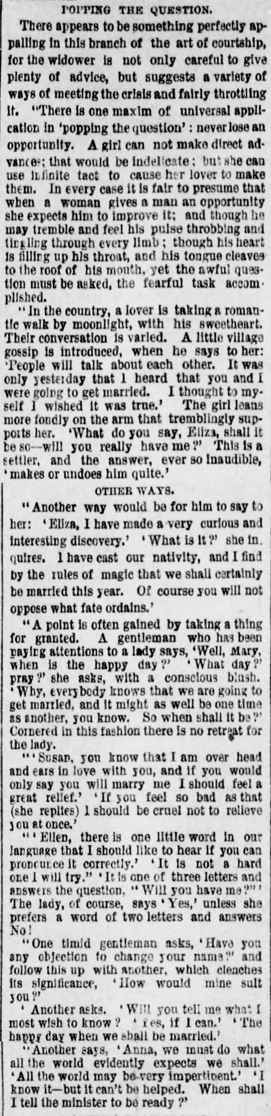 Kristin Holt | The Art of Courtship, Part 11: Popping the Question, from The Des Moines Register of Des Moines, IA on February 20, 1887.