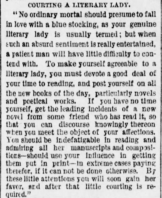 Kristin Holt | The Art of Courtship, Part 8: Courting a Literary Lady, from The Des Moines Register of Des Moines, IA on February 20, 1887.