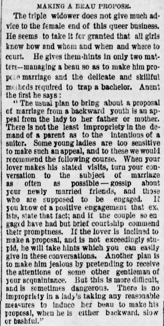Kristin Holt | The Art of Courtship, Part 12: Making a Beau Propose, from The Des Moines Register of Des Moines, IA on February 20, 1887.