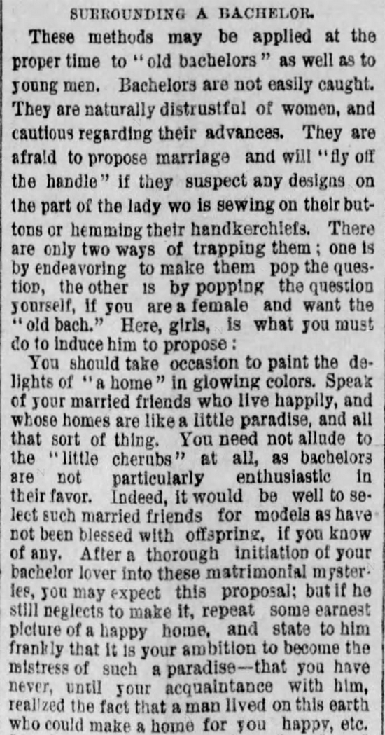 Kristin Holt | The Art of Courtship, Part 13: Surrounding a Bachelor, from The Des Moines Register of Des Moines, IA on February 20, 1887.