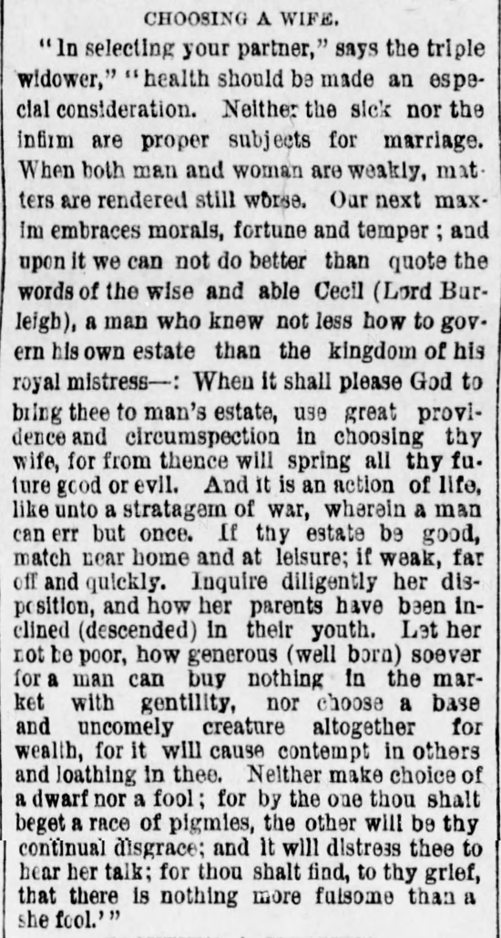 Kristin Holt | The Art of Courtship, Part 2: Choosing a Wife, from The Des Moines Register of Des Moines, IA on February 20, 1887