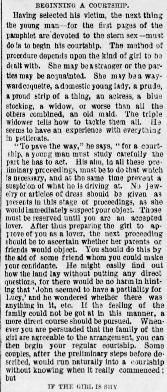 Kristin Holt | The Art of Courtship, Part 3: Beginning a Courtship, from The Des Moines Register of Des Moines, IA on February 20, 1887.