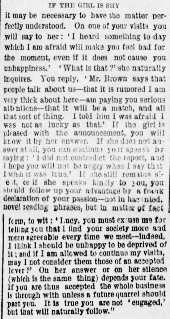 Kristin Holt | The Art of Courtship, Part 4: If the Girl is Shy, from The Des Moines Register of Des Moines, IA on February 20, 1887.