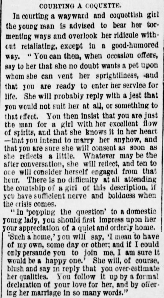 Kristin Holt | The Art of Courtship, Part 5: Courting a Coquette, from The Des Moines Register of Des Moines, IA on February 20, 1887.