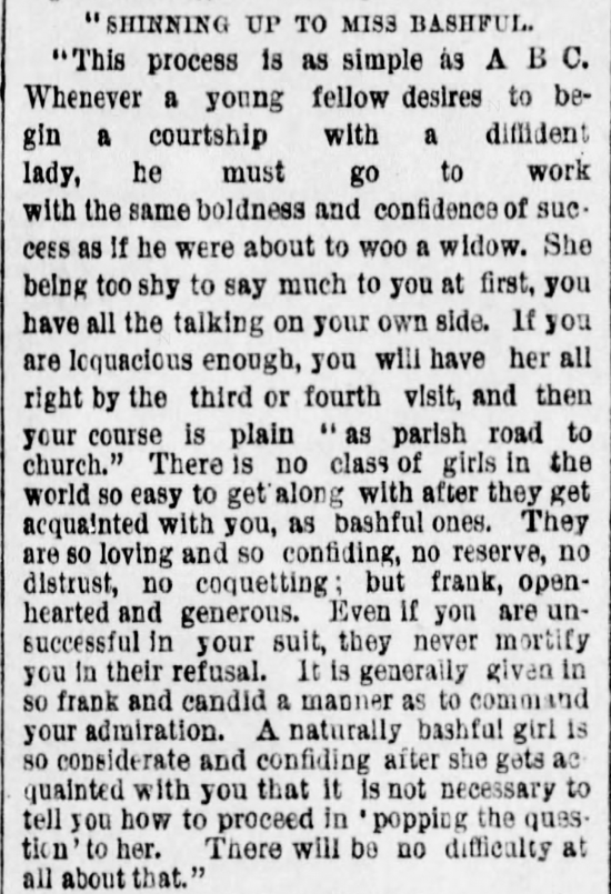 Kristin Holt | The Art of Courtship, Part 6: Shinning Up to Miss Bashful, from The Des Moines Register of Des Moines, IA on February 20, 1887.