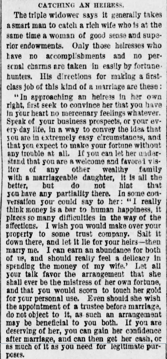 Kristin Holt | The Art of Courtship, Part 7: Catching an Heiress, from The Des Moines Register of Des Moines, IA on February 20, 1887.