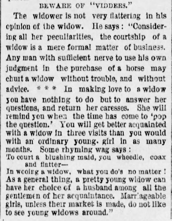 Kristin Holt | The Art of Courtship, Part 9: Beware of "Vidders" [widows], from The Des Moines Register of Des Moines, IA on February 20, 1887.