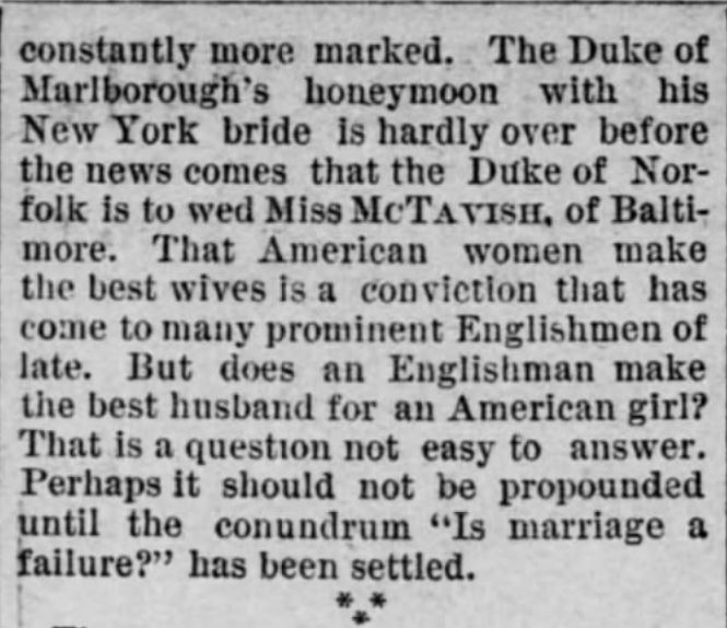 Kristin Holt | American Wives are best for English Peers. Part 2. From The Saint Paul Globe of Saint Paul, Minnesota. October 1, 1888.