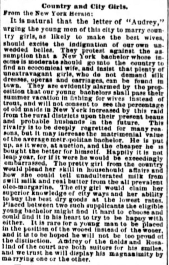 Kristin Holt | Who Makes the Best (Victorian) Wives? Country or City? National Republican of Washington, District of Columbia. May 15, 1877.