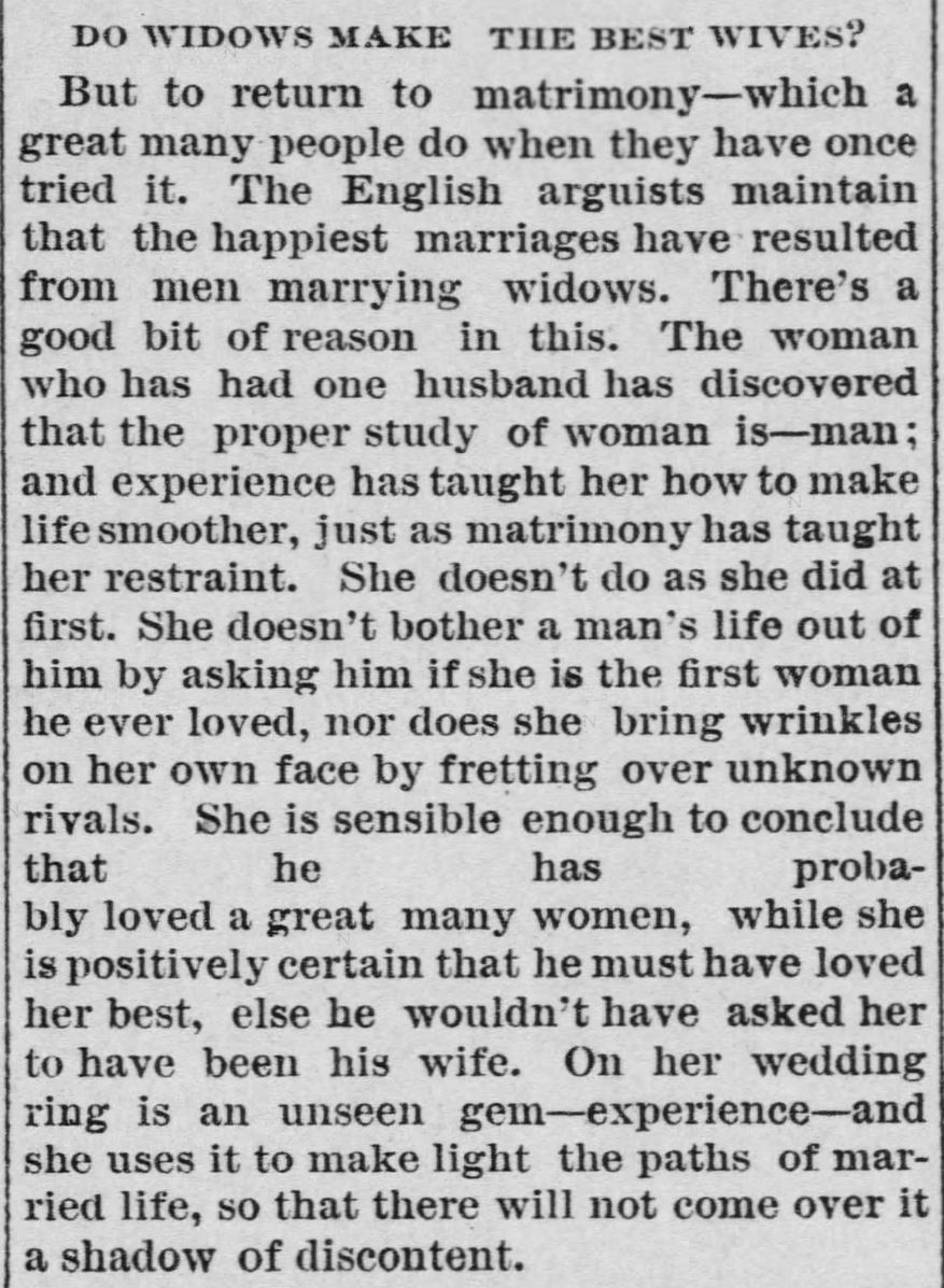 Kristin Holt | Who Makes the Best (Victorian) Wives? Do Widows Make the Best Wives? From The Valley Falls Vindicator of Valley Falls, Kansas. March 21, 1891.