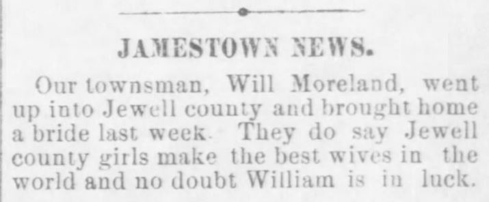 Kristin Holt | Who Makes The Best (Victorian) Brides? "Jamestown Girls make the best brides!" From Concordia Empire of Concordia, Kansas on April 19, 1888.